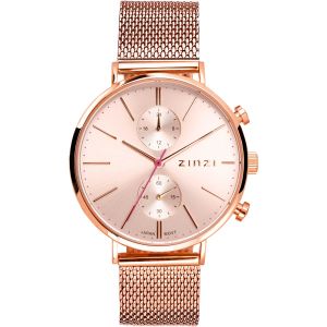 ZINZI Traveller horloge roségoudkleurige wijzerplaat en kast stalen mesh band roségoudkleurig 39mm dual time ZIW705M