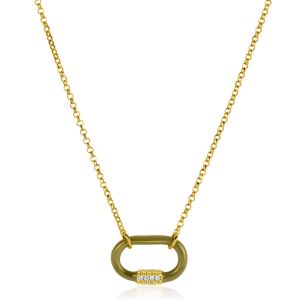 ZINZI gold plated zilveren schakelketting 45cm ovale hanger olijfgroen emaille en witte zirconia's ZIC2374