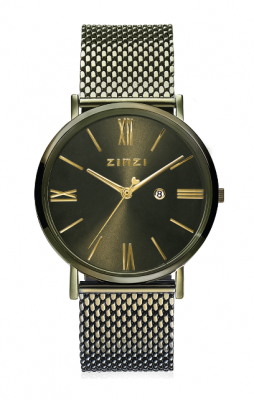 ZINZI Roman horloge olijfgroene wijzerplaat en kast met goudkleurige wijzers olijfgroene stalen mesh band 34mm ZIW544M
