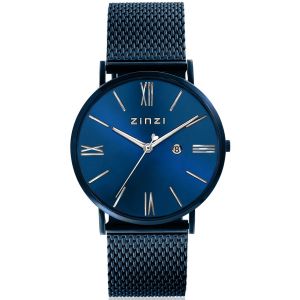 ZINZI Roman horloge blauwgekleurde wijzerplaat en kast met zilverkleurige wijzers blauwe stalen mesh band 34mm extra dun ZIW551M