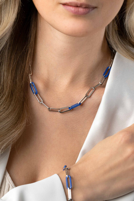 ZINZI zilveren ketting met paperclip-schakels en trendy schakels in lapis blauw 45cm ZIC2549