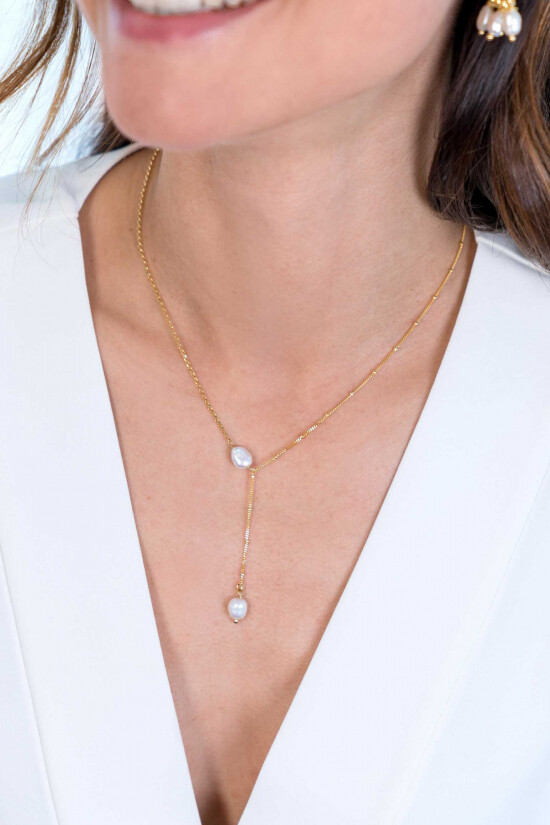 ZINZI zilveren Y-collier 14K geel verguld 45cm bolletjes witte parels ZIC2187G