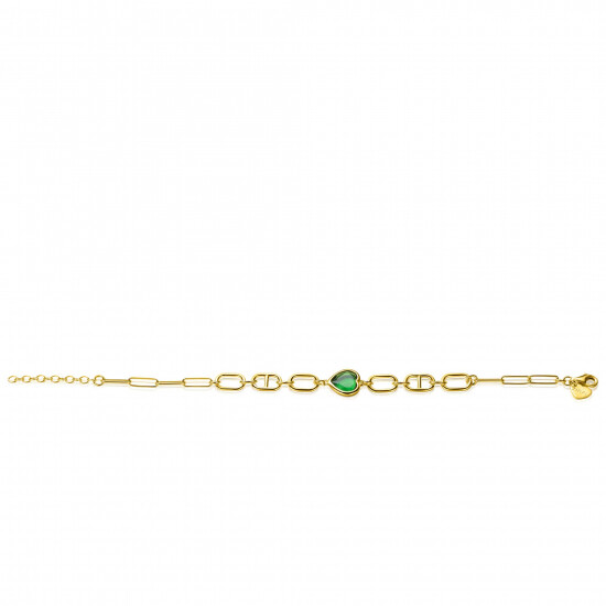 ZINZI gold plated zilveren armband met trendy ovale en marine schakels, groot hartje bezet met groene kleursteen 16,5-19,5cm ZIA-BF68