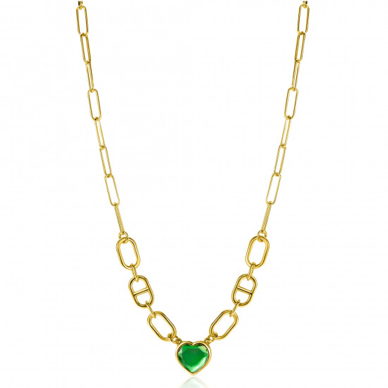 ZINZI gold plated zilveren ketting met trendy ovale en marine schakels, in het midden groot hartje bezet met groene kleursteen 39-43cm ZIC-BF68