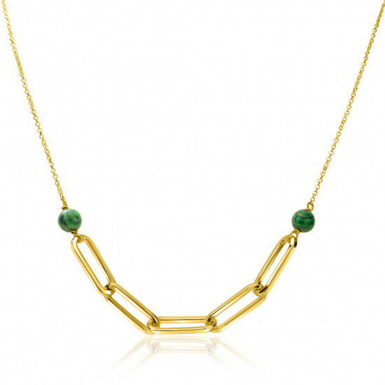 ZINZI gold plated zilveren ketting met grote paperclip schakels en twee bolletjes van groene kleursteen 41-43cm ZIC-BF92