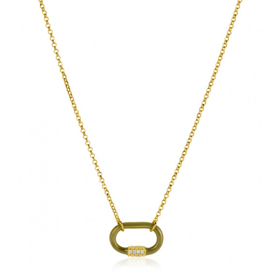 ZINZI gold plated zilveren schakelketting 45cm ovale hanger olijfgroen emaille en witte zirconia's ZIC2374