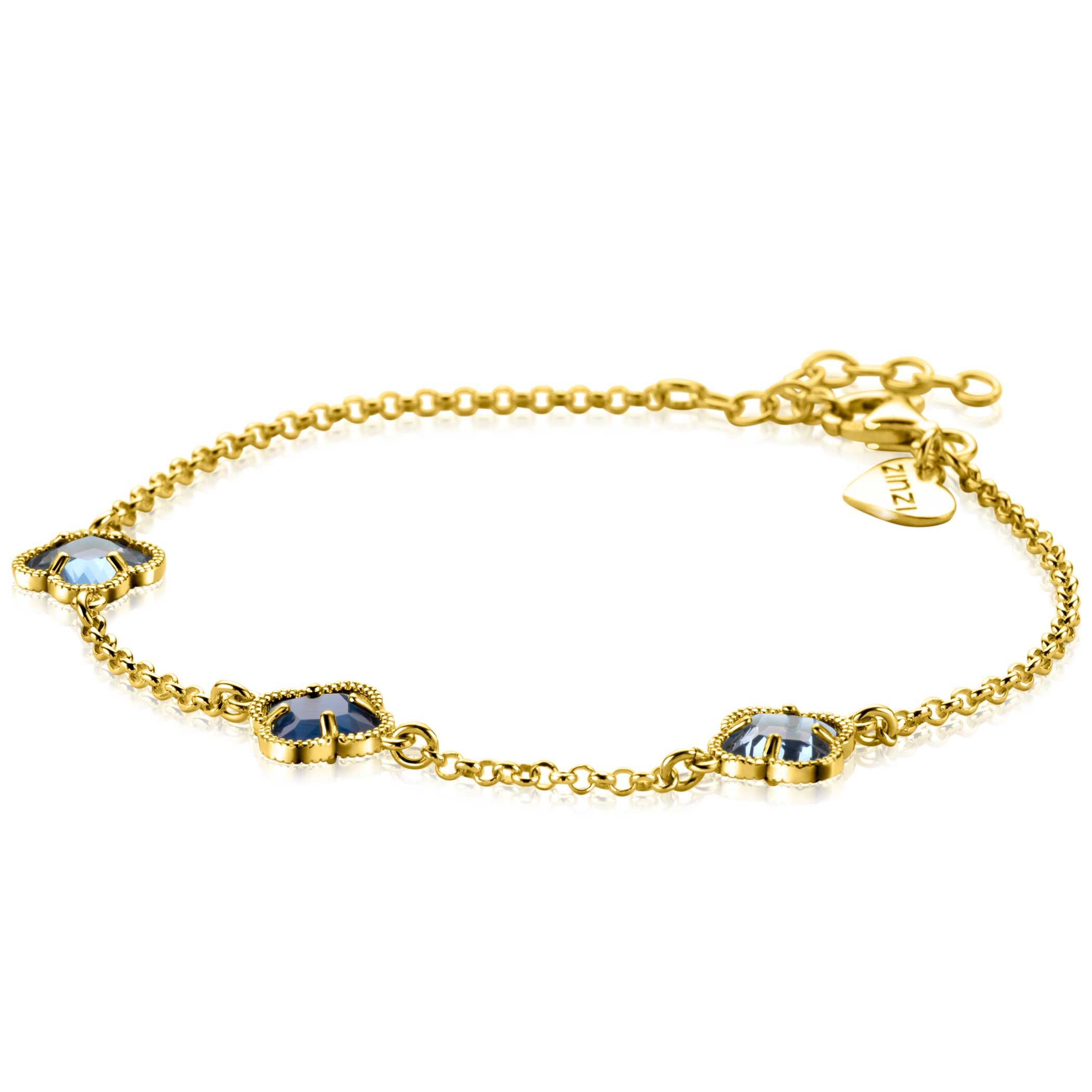 ZINZI gold plated zilveren schakel armband met twee lichtblauwe klavers en een donkerblauwe klaver in het midden 17-20cm ZIA2662B