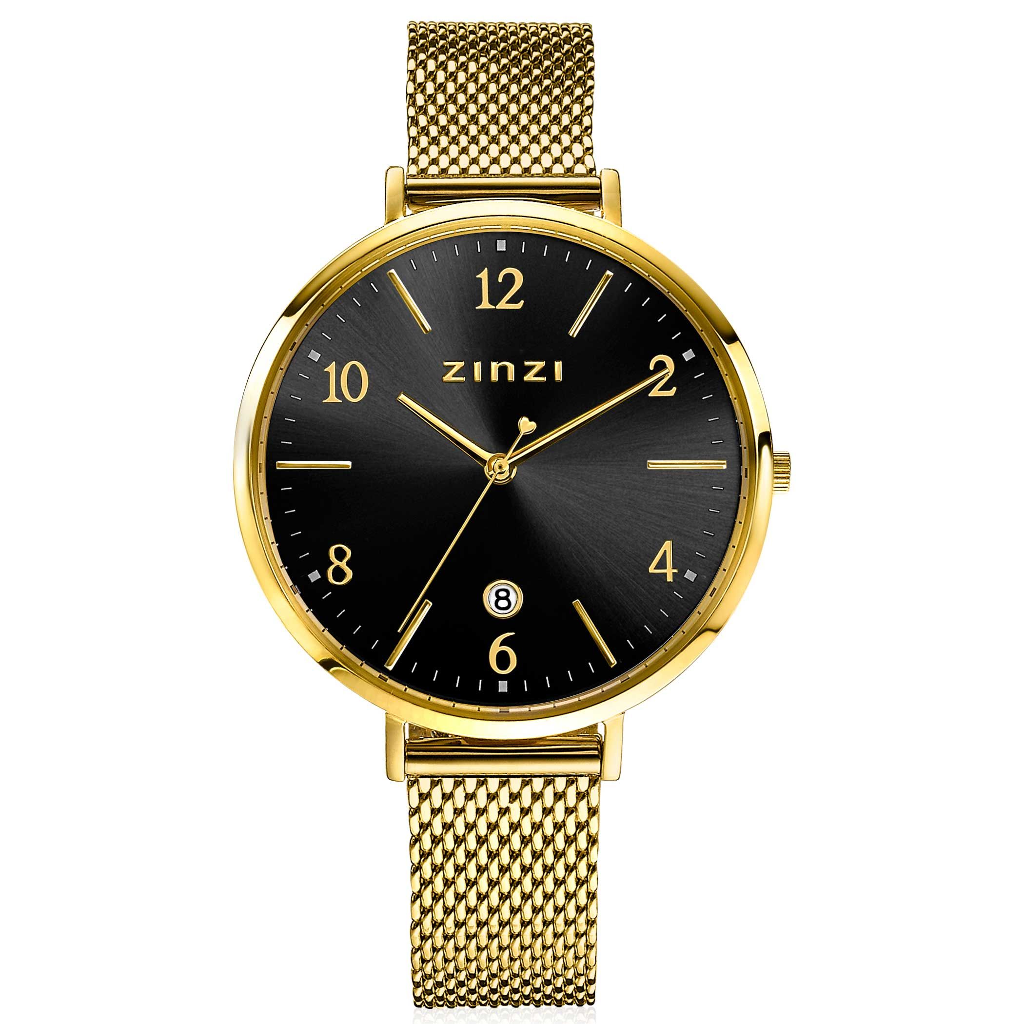 ZINZI horloge SOPHIE zwarte wijzerplaat met datum, goudkleurige kast 38mm, stalen mesh band 14mm ZIW1443
