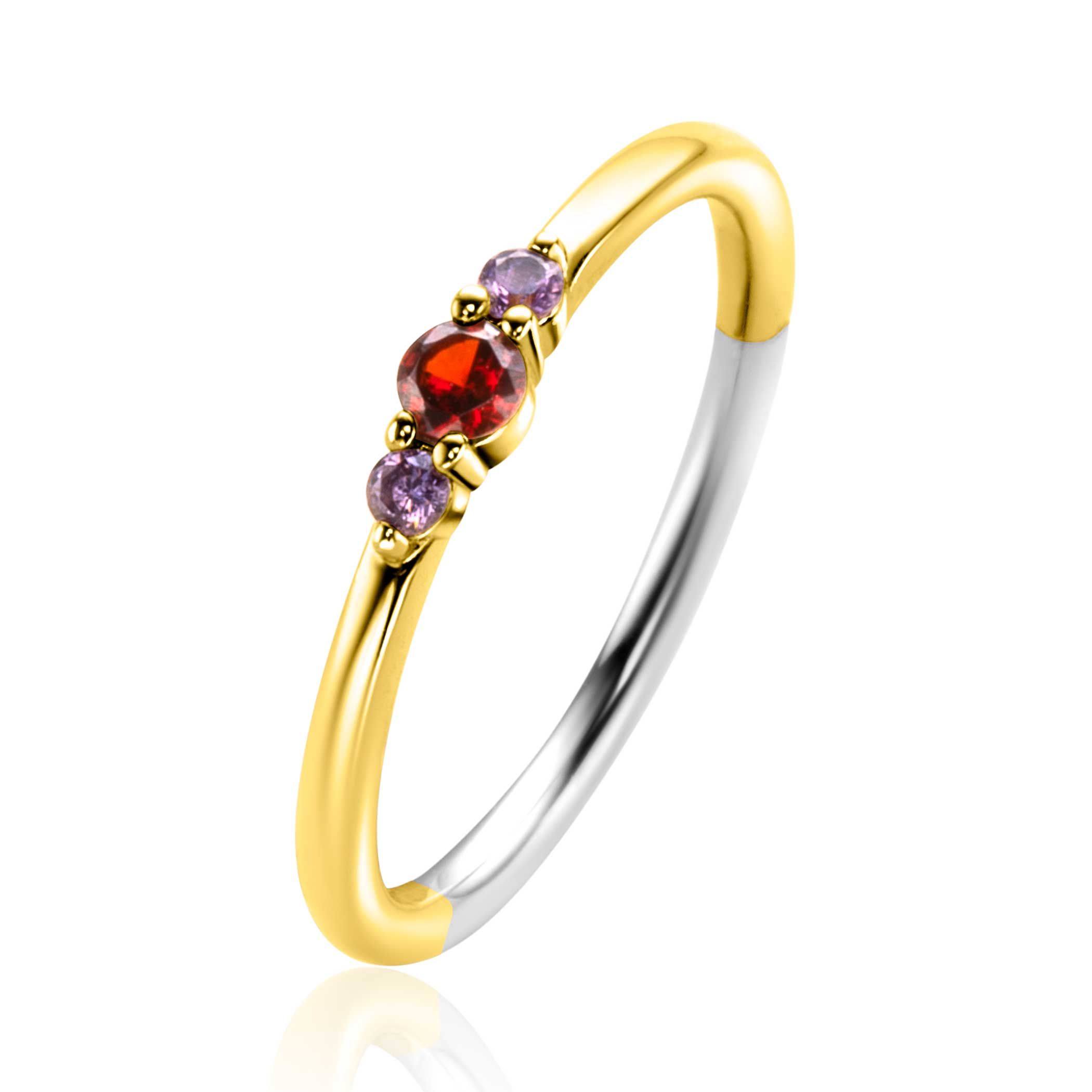 ZINZI gold plated zilveren ring met ronde chatonzettingen rood granaat en paarse kleurstenen 3mm breed ZIR2563