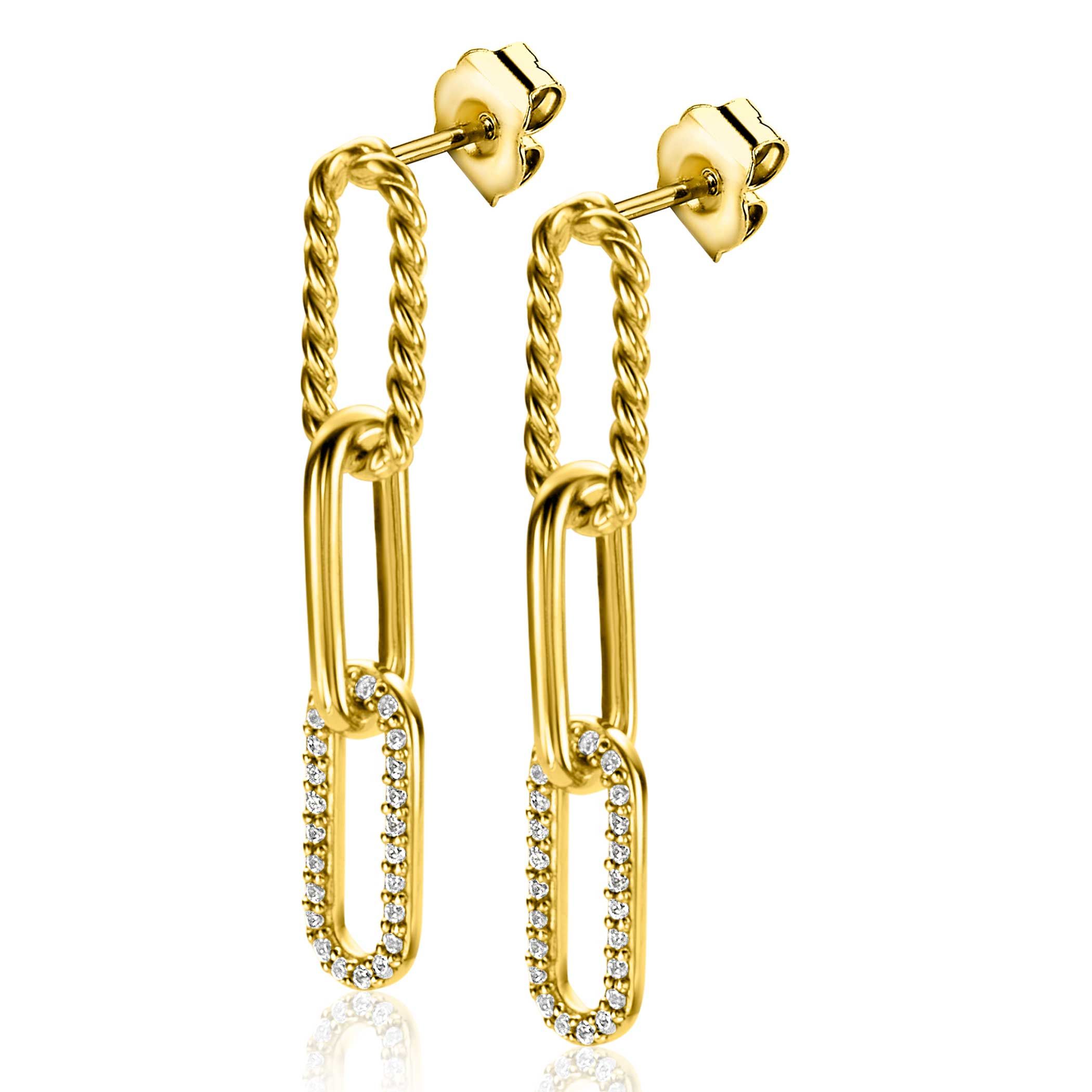 ZINZI gold plated zilveren lange oorsieraden 30mm met drie paperclip schakels, glad bewerkt witte zirconia's ZIO2330Y