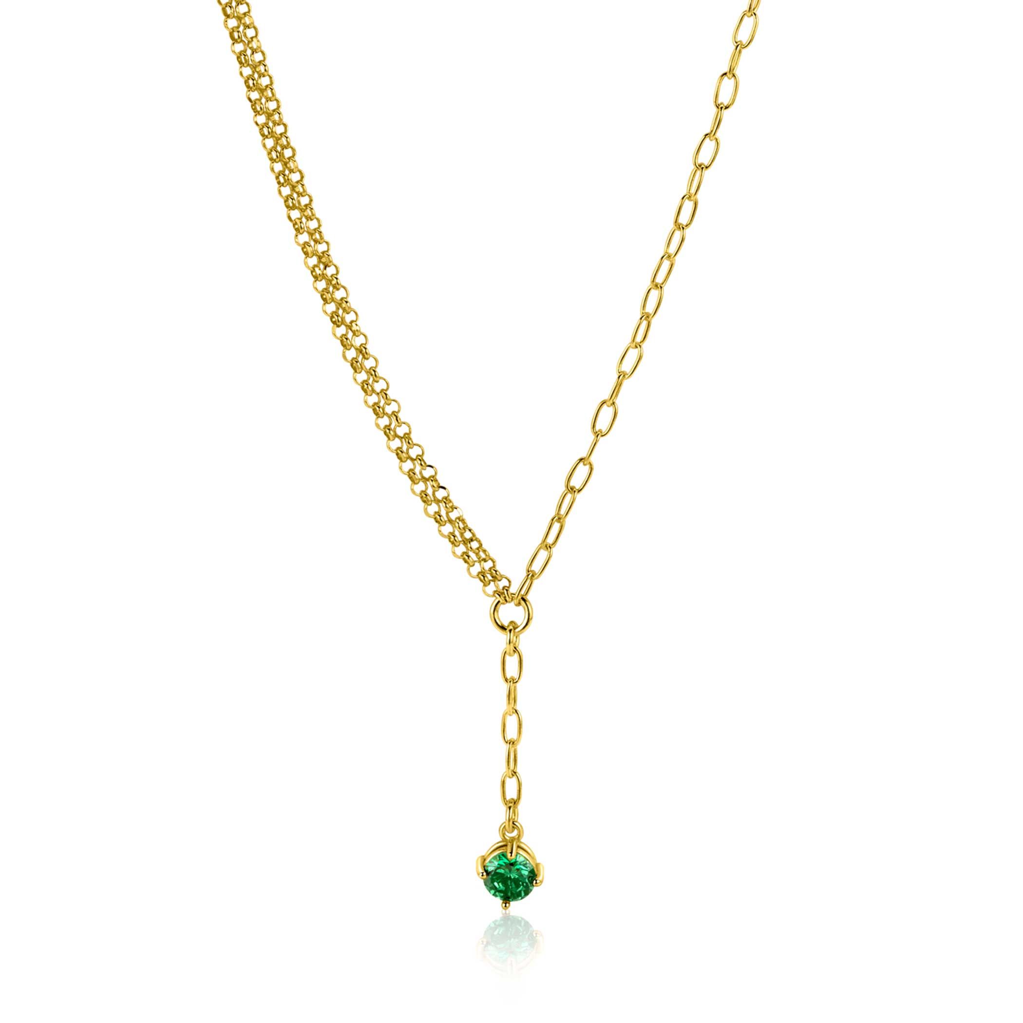 ZINZI gold plated zilveren Y-collier met subtiele schakels, bungelend groene ronde kleursteen 42-45cm ZIC2660G