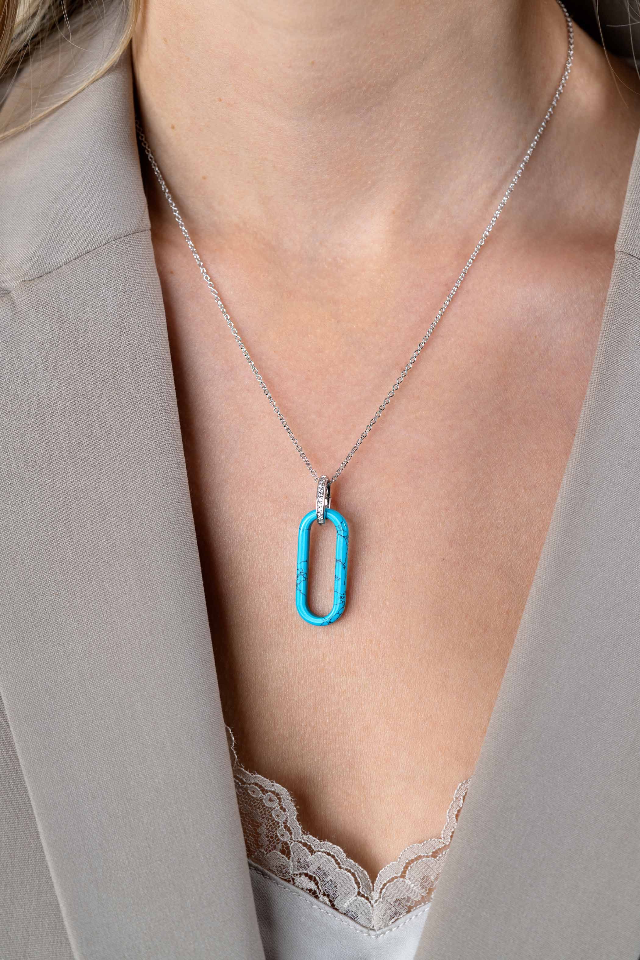 ZINZI grote ovale hanger 38mm in trendy turquoise en luxe zilveren hangoog ZIH2456T (zonder collier)