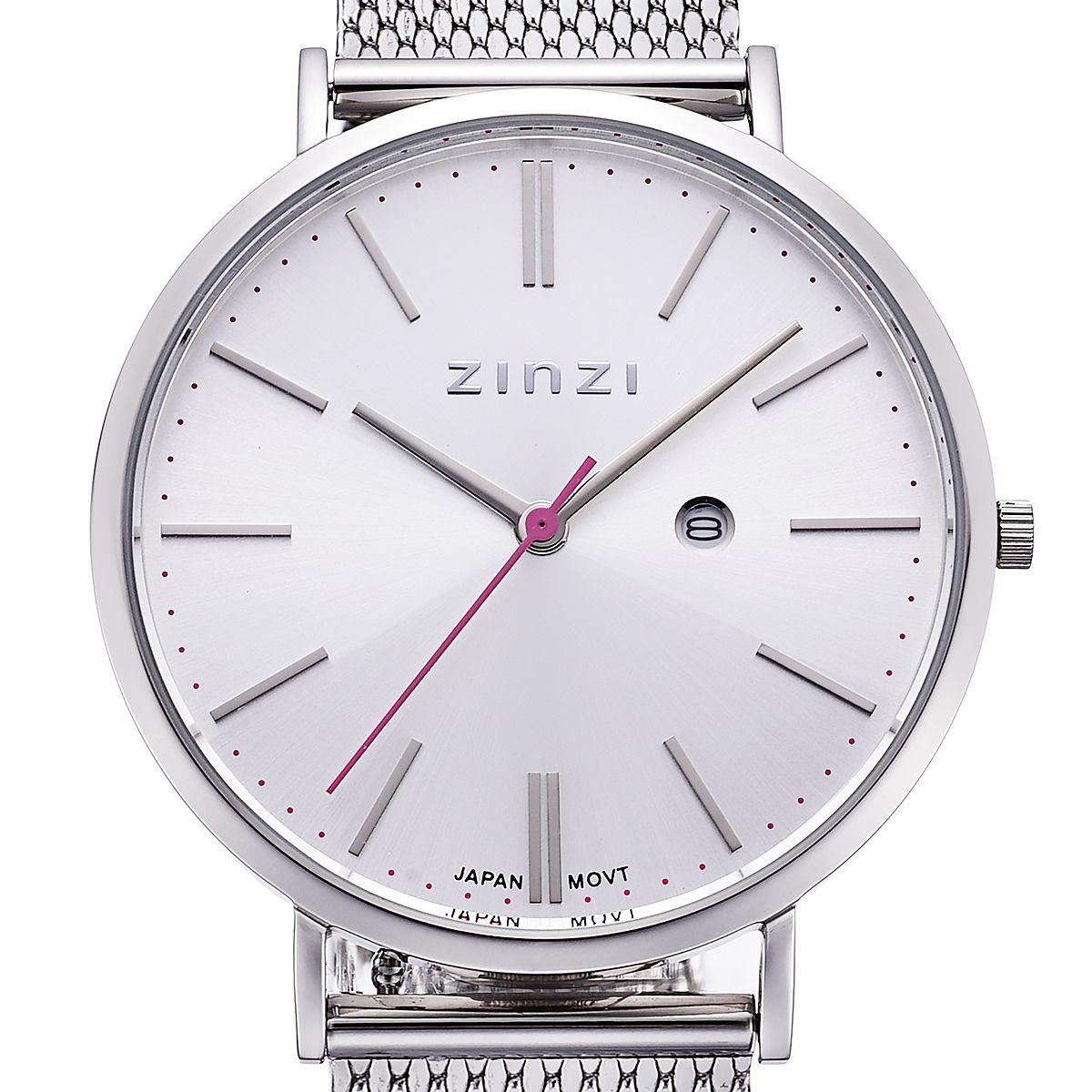 Zinzi Retro horloge zilvergekleurde wijzerplaat en kast stalen mesh band 38mm extra dun ZIW402M
