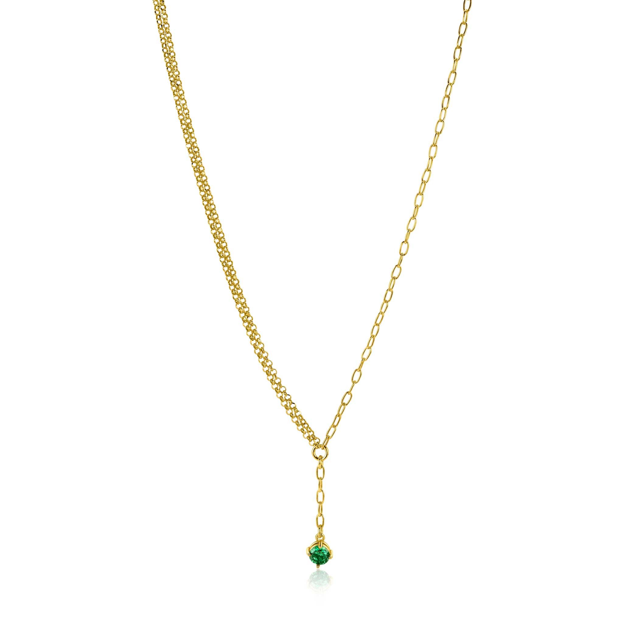 ZINZI gold plated zilveren Y-collier met subtiele schakels, bungelend groene ronde kleursteen 42-45cm ZIC2660G