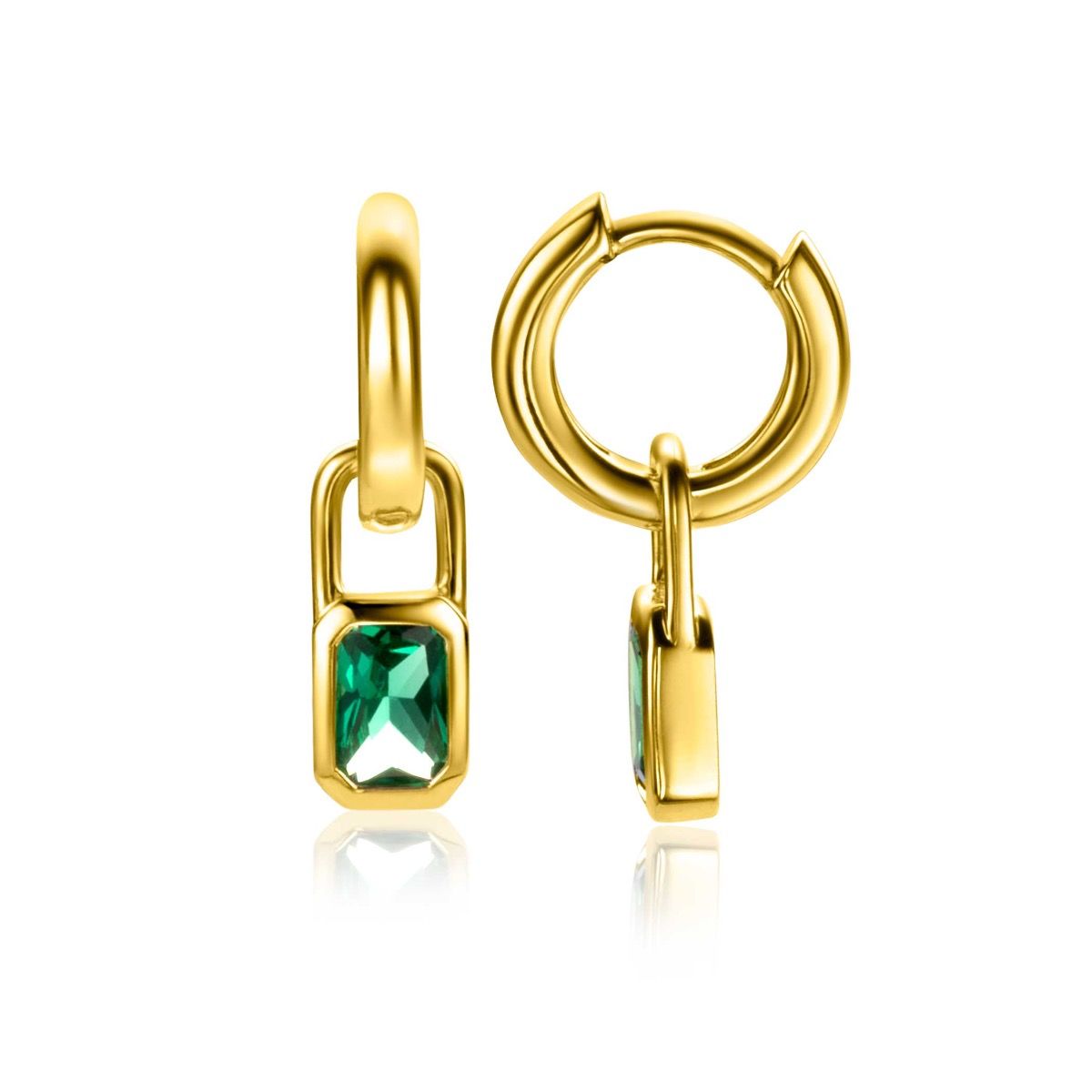 ZINZI gold plated zilveren oorbedels rechthoek met groene kleurstenen 13mm ZICH2307 (zonder oorringen)