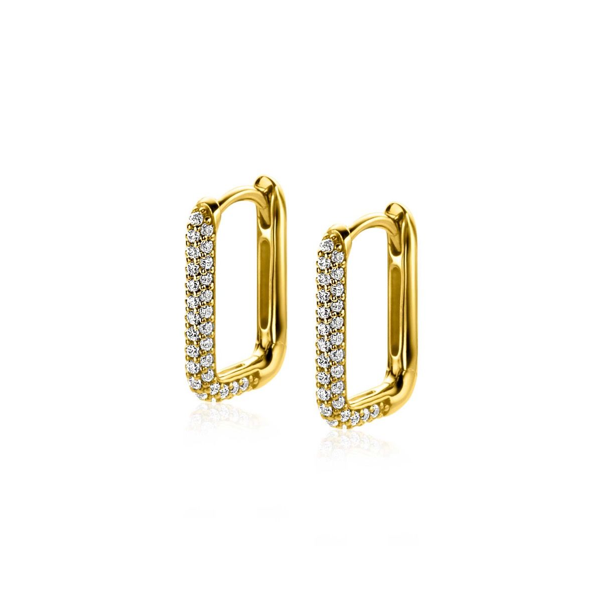 ZINZI gold plated zilveren luxe oorringen 15x2mm rechthoekig met witte zirconia's ZIO2221Y