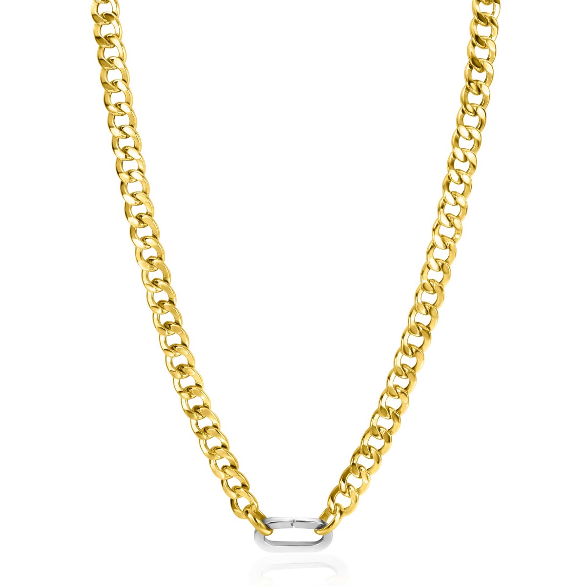 ZINZI gold plated zilveren brede gourmet ketting 42cm met zilveren ovale sluitring ZIC2378G