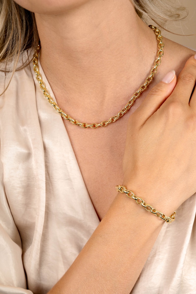 ZINZI gold plated zilveren brede schakelketting (6mm breed) met luxe jasseron schakels in glad en bewerkt 45cm ZIC2638