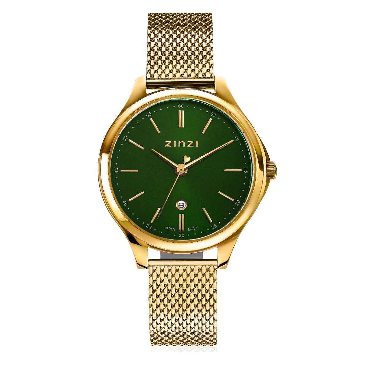 ZINZI Classy horloge 34mm groene wijzerplaat goudkleurige stalen kast en  meshband, datum ZIW1035M
